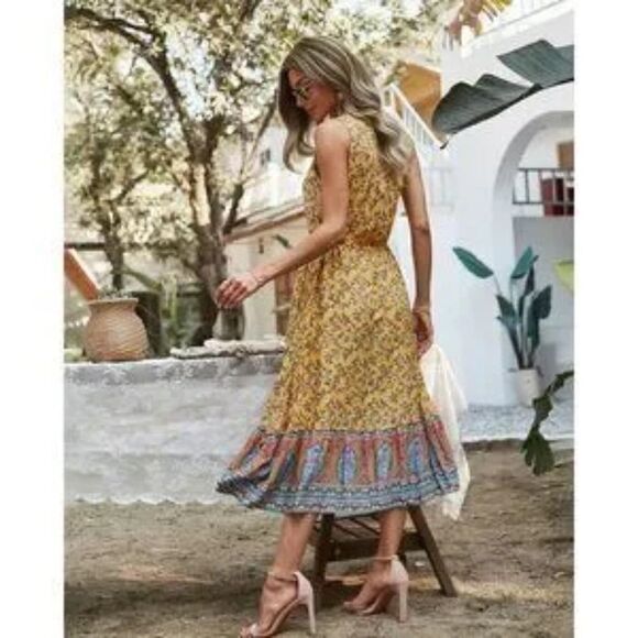 Floral Printed Yellow Midi Button Down Dress - Picture 2 of 3